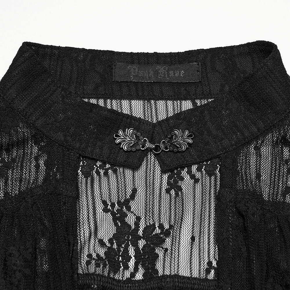 Women's Sheer Gothic Lace Up Waist Blouse Top close-up showing hollow V-neckline and intricate buckle detail.