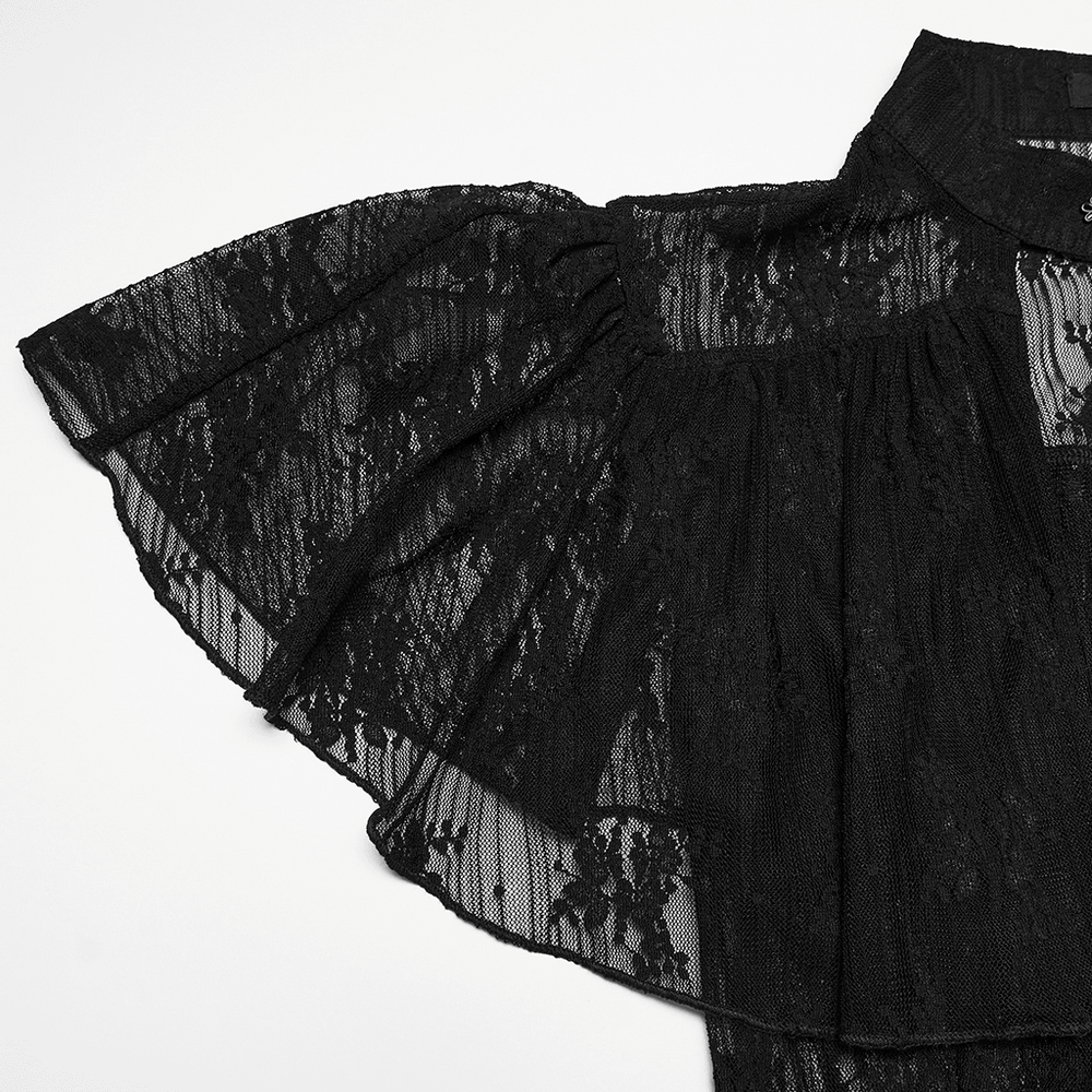 Women's Sheer Gothic Lace Up Waist Blouse Top featuring ruffle cape sleeves and elegant lace detail.
