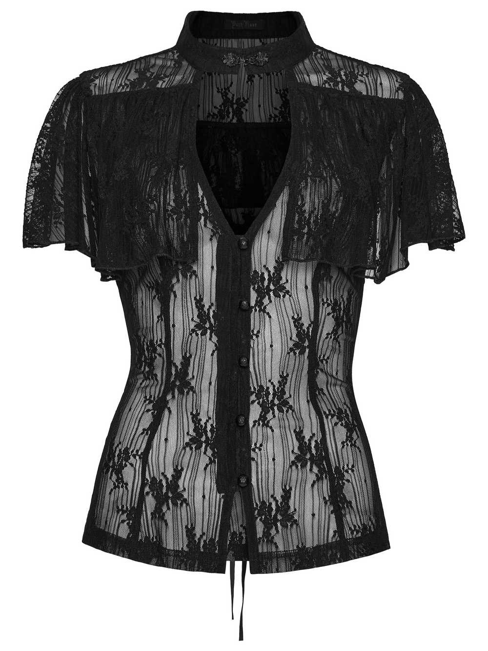 Women's Sheer Gothic Lace Up Waist Blouse Top in black lace with ruffle cape sleeves and hollow V-neckline.