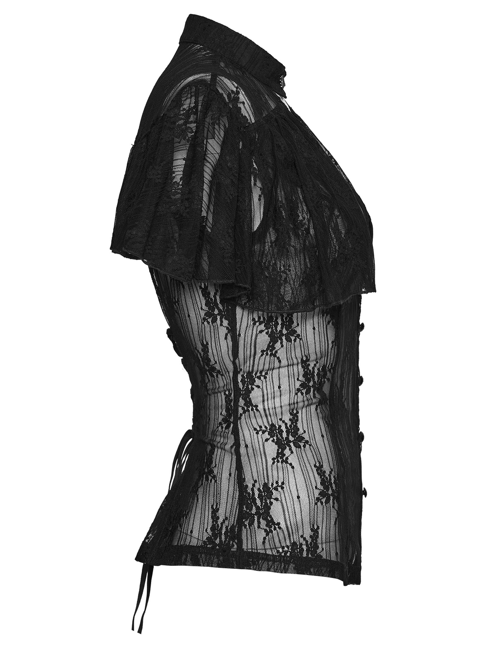 Women's Sheer Gothic Lace Up Waist Blouse Top featuring ruffle cape sleeves and an elegant lace design.