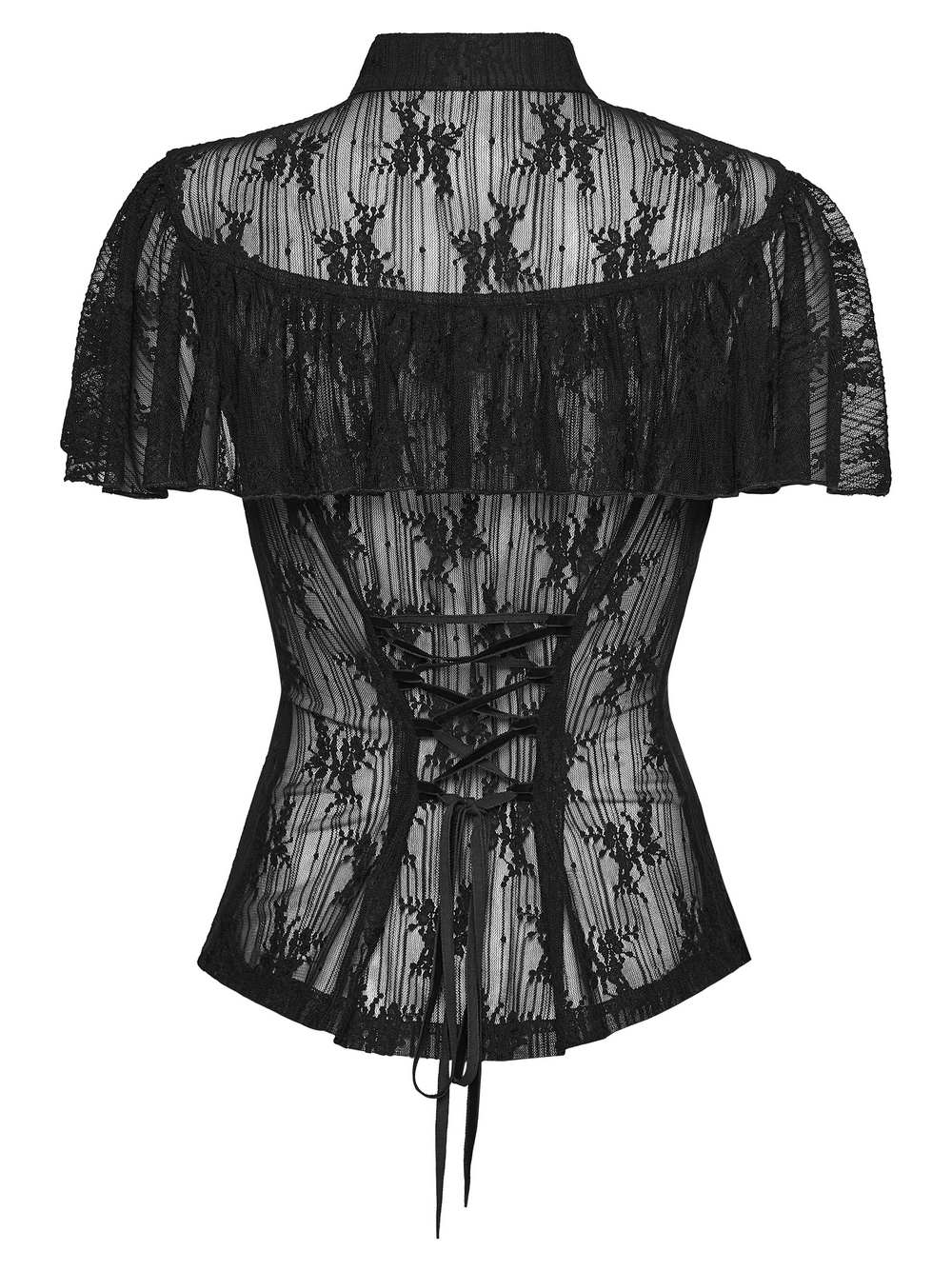 Women's Sheer Gothic Lace Up Waist Blouse Top featuring a ruffle cape sleeve and lace-up back for a perfect fit.