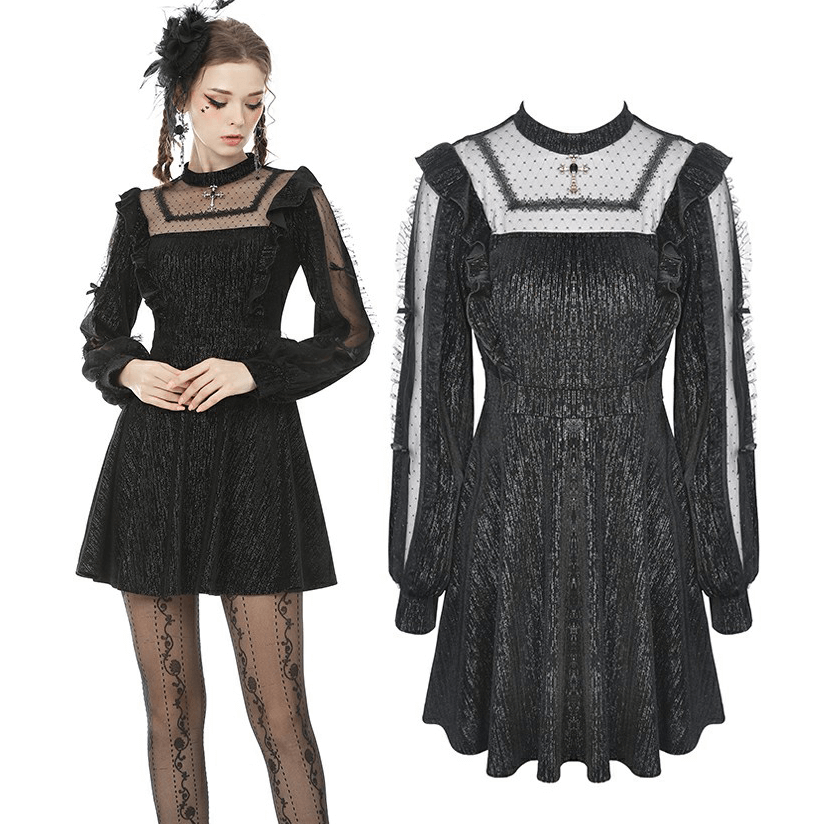 Women's vintage black dress with sheer sleeves and square collar, perfect for stylish occasions.