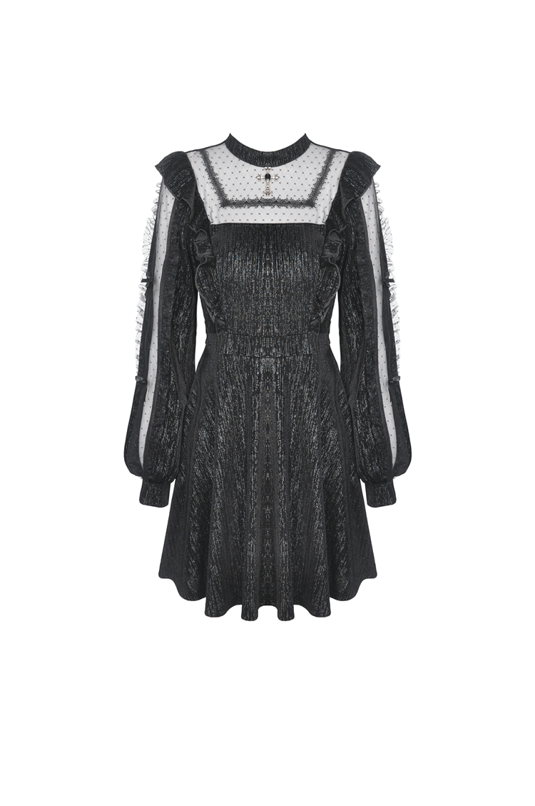 Women's vintage black dress with sheer sleeves and square collar, perfect for stylish occasions.