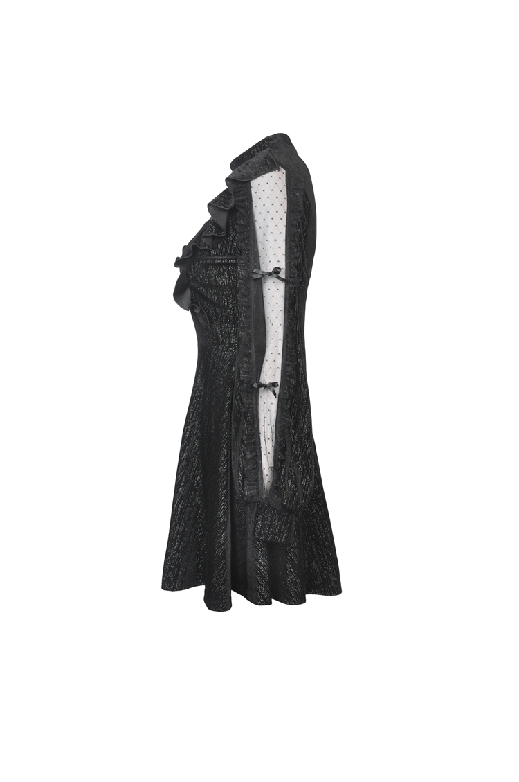 Women's vintage black dress with sheer sleeves and square collar, perfect for stylish occasions.