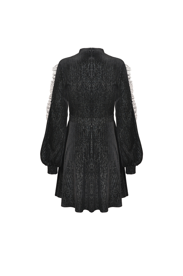 Back view of a Women's Sheer Sleeves Vintage Square Collar Black Dress showcasing its flowy skirt and chic design.