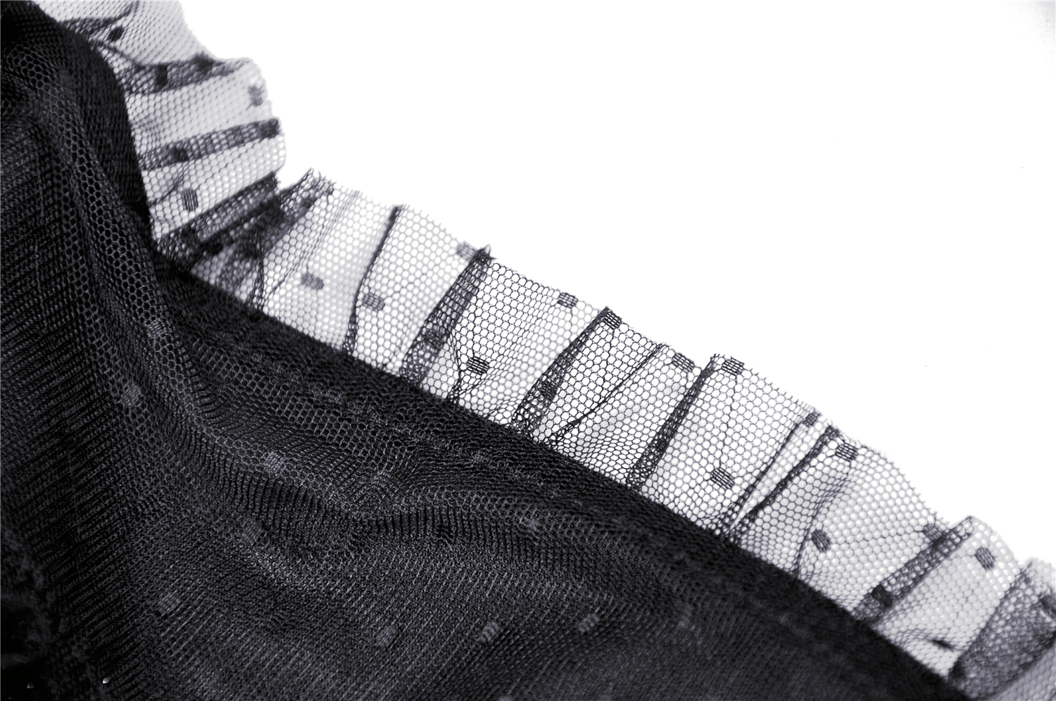 Close-up of sheer sleeve detail with polka dots and ruffle on a vintage-style black dress.