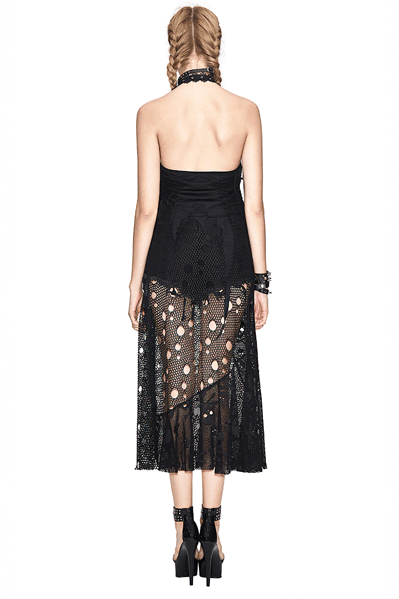 Back view of a women's gothic sleeveless maxi dress with mesh insert and skull pattern details.