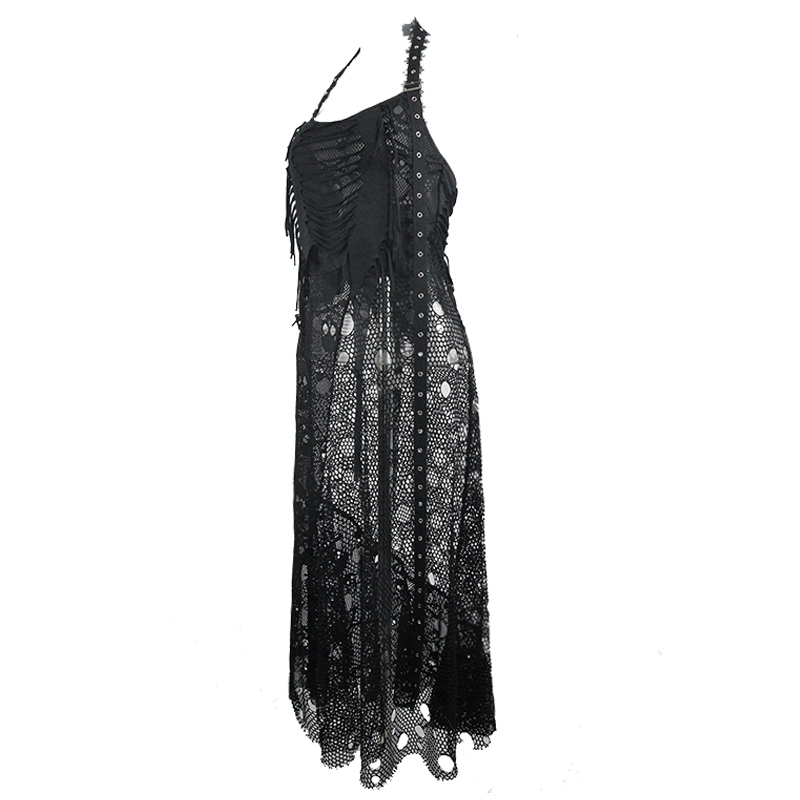 Women's gothic sleeveless maxi dress with skull mesh design, perfect for stylish looks.