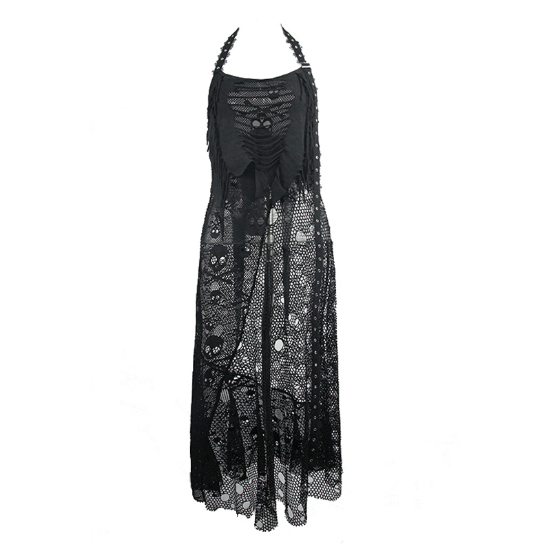 Women's gothic long black maxi dress with skull mesh insert and elegant cut.