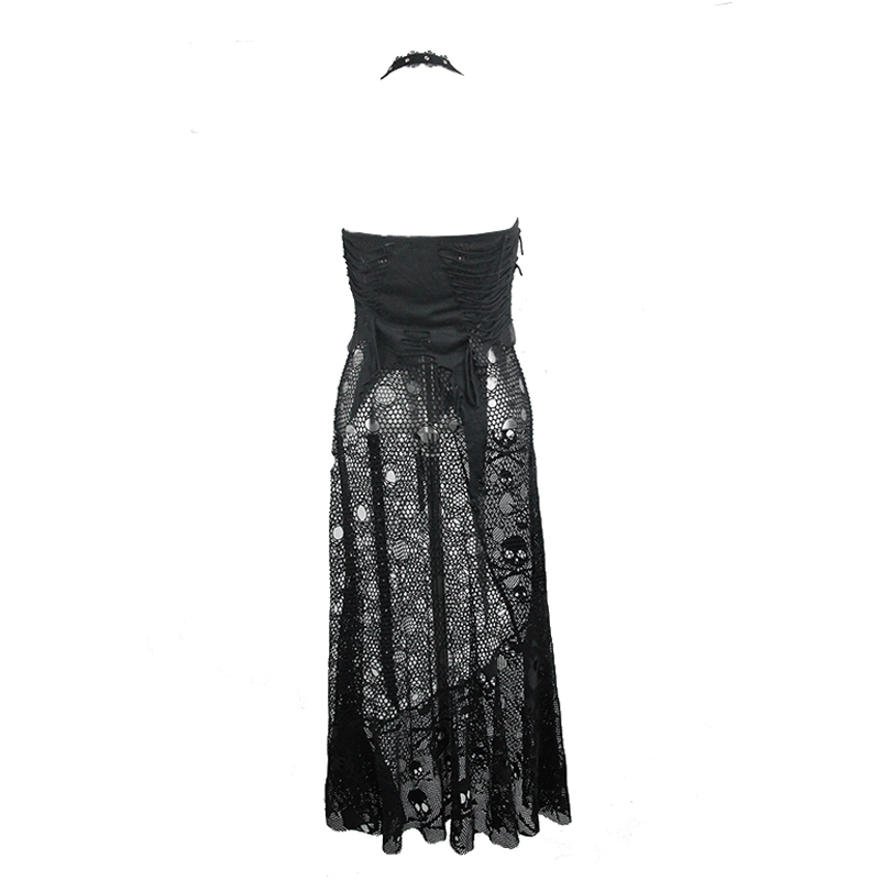 Elegant women's black sleeveless maxi dress with gothic skull pattern and mesh insert details.