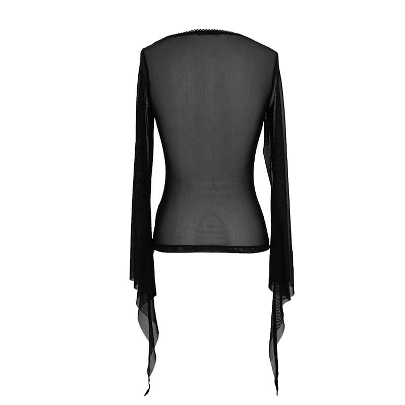 Back view of a women's black transparent gothic mesh top with long sleeves, perfect for punk style.