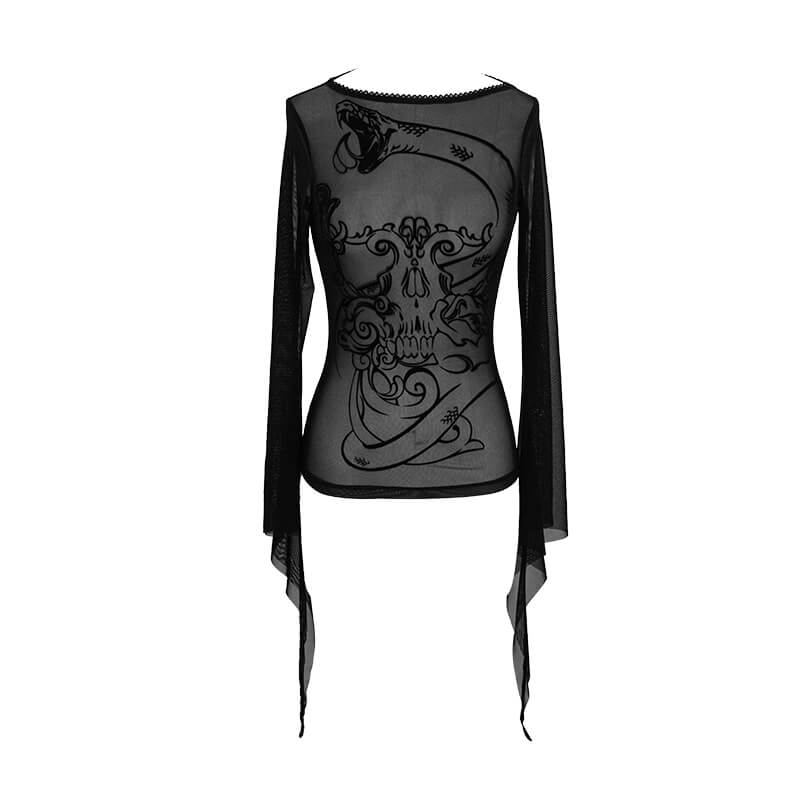 Women's black transparent gothic top with skull print and long sleeves, perfect for punk style outfits.