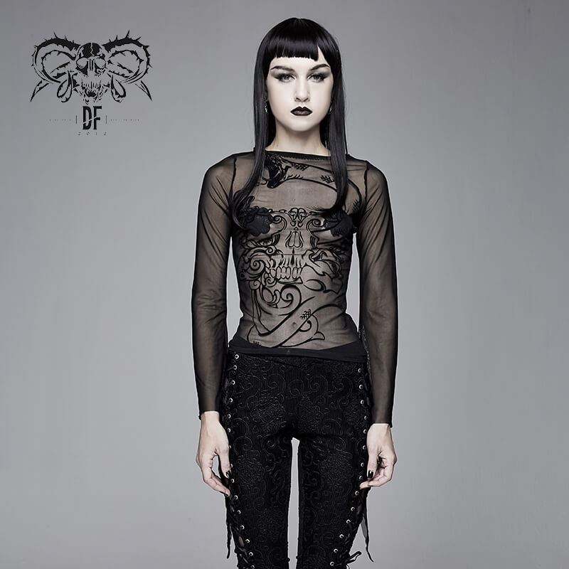 Stylish women's gothic black transparent mesh top featuring intricate skull design and long sleeves.