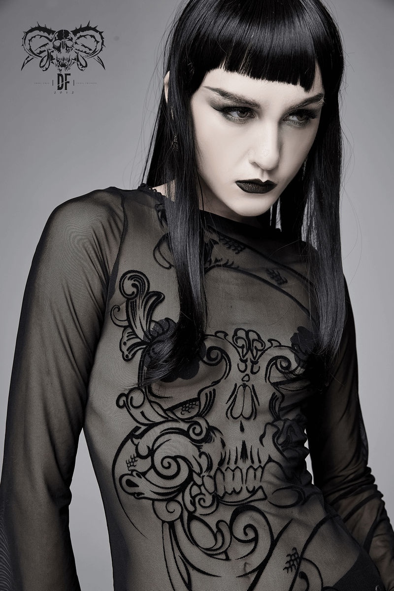 Gothic women's black transparent mesh top with stylish print, featuring long sleeves and form-fitting design.
