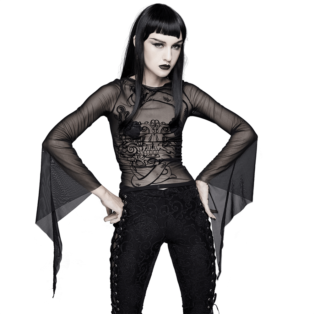Women's Slightly Elastic Mesh Top / Gothic & Punk Stylish Long Sleeves Transparent Tops
