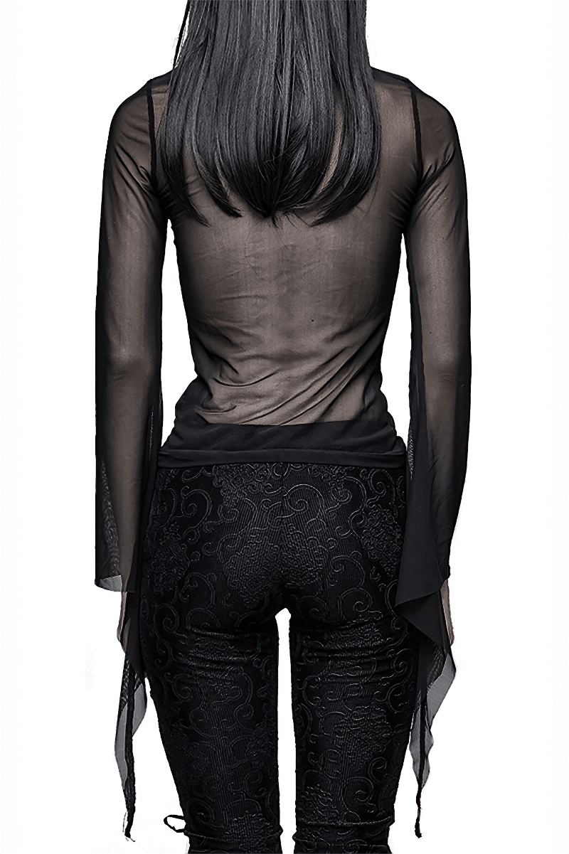 Back view of women's gothic long-sleeve black transparent mesh top, showcasing elegant flowing sleeves and stylish fit.