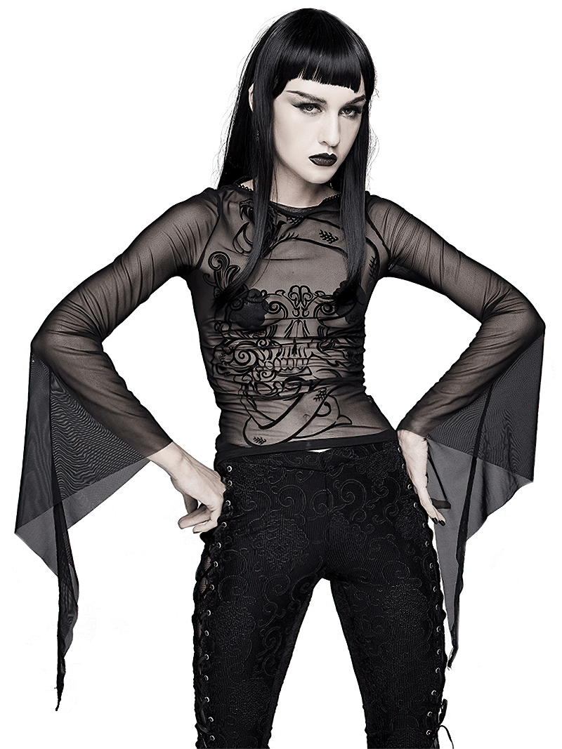 Women's  Slightly Elastic Mesh Top / Gothic & Punk Stylish Long Sleeves Transparent Tops - HARD'N'HEAVY