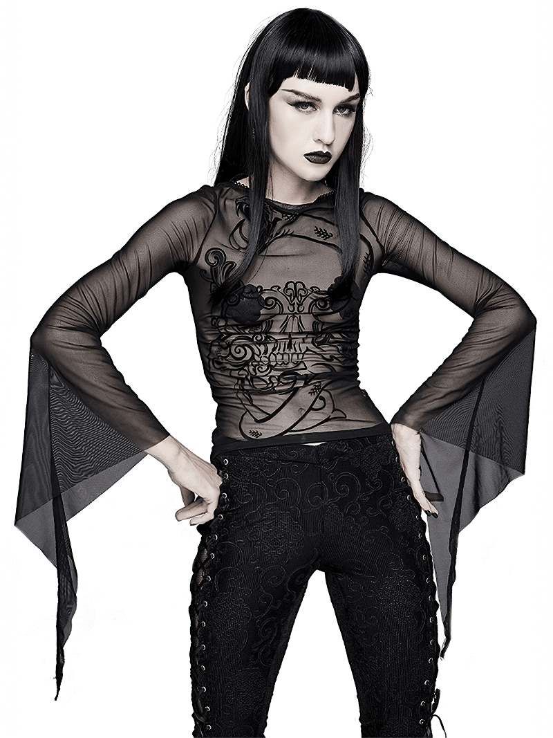 Trendy women's black transparent gothic top with long sleeves, showcasing a stylish print and a form-fitting cut.