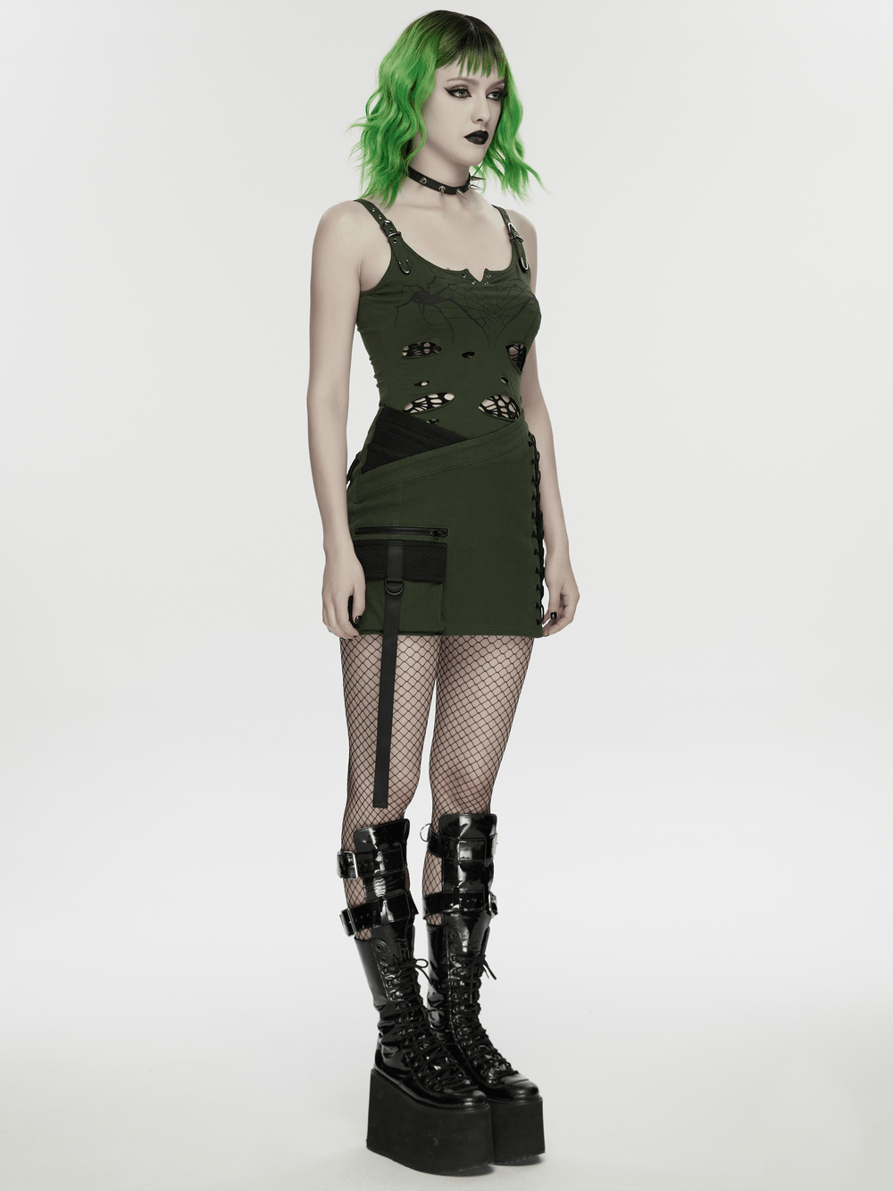 Alt Tag: Women's Spider Web Burnout Punk Cutout Tank Top in olive distressed mesh with spider web print, cutouts, and metal strap loops
