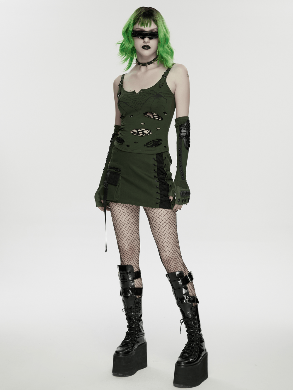 Alt Tag: Women's Spider Web Burnout Punk Cutout Tank Top on model, distressed mesh cami with cutouts, grunge goth punk style