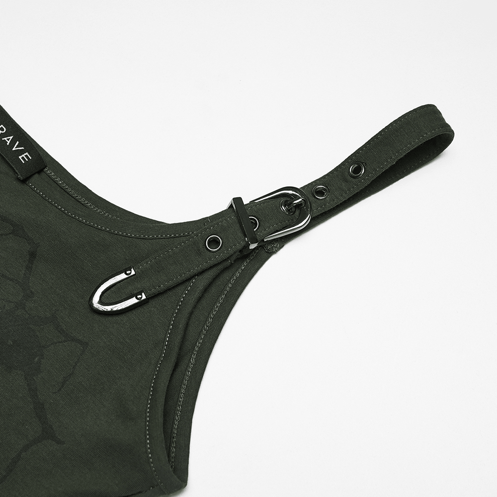 Alt Tag: Women's Spider Web Burnout Punk Cutout Tank Top strap close-up with metal buckle, grommets, and distressed mesh fabric