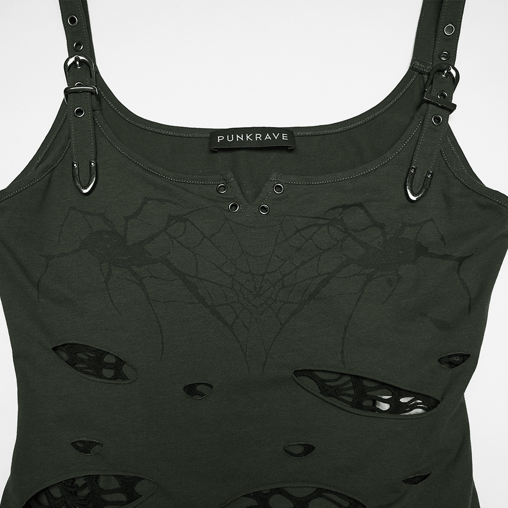 Alt Tag: Women's Spider Web Burnout Punk Cutout Tank Top with spider web print, distressed cutouts, mesh lining, and metal loop straps