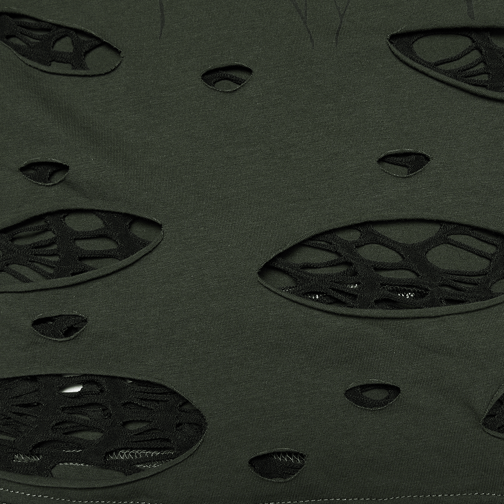 Alt Tag: Women's Spider Web Burnout Punk Cutout Tank Top close-up of distressed burnout cutouts with spiderweb mesh lining, grunge punk texture