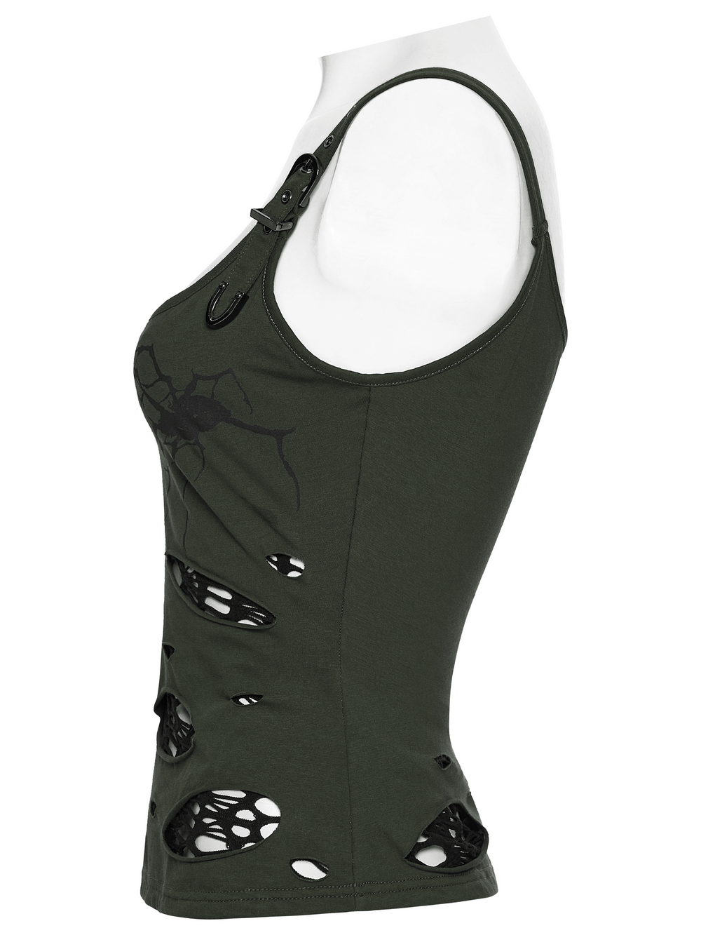 Alt Tag: Women's Spider Web Burnout Punk Cutout Tank Top with spider web print, distressed mesh cutouts and metal loop straps