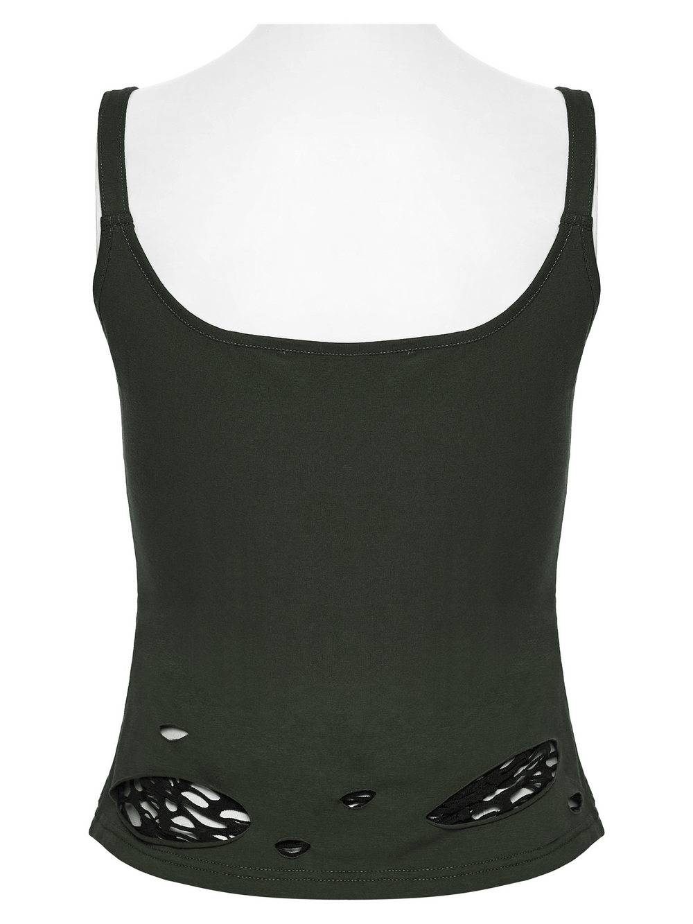 Alt Tag: Women's Spider Web Burnout Punk Cutout Tank Top black distressed cutout cami with burnout holes and mesh peekaboo