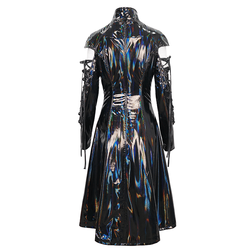 Back view of women's cyberpunk patent leather coat with mesh splice and lace-up sleeves, showcasing futuristic gothic style.