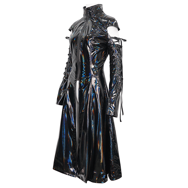 Futuristic women's stand collar patent leather coat with lace-up sleeves and mesh splicing, showcasing gothic cyberpunk style.