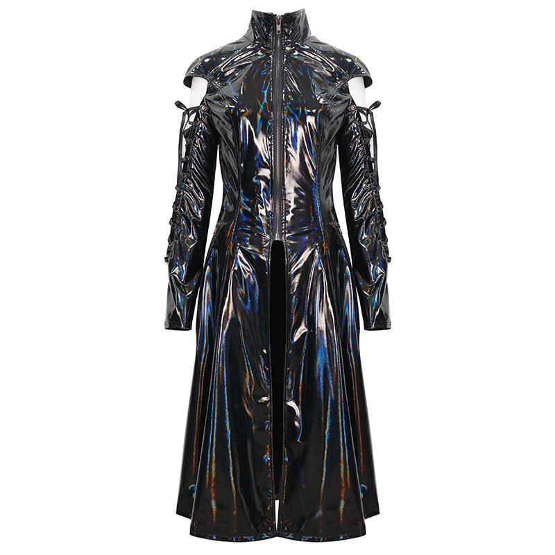 Women's cyberpunk stand collar patent leather coat with lace-up sleeves, showcasing a glossy futuristic look.