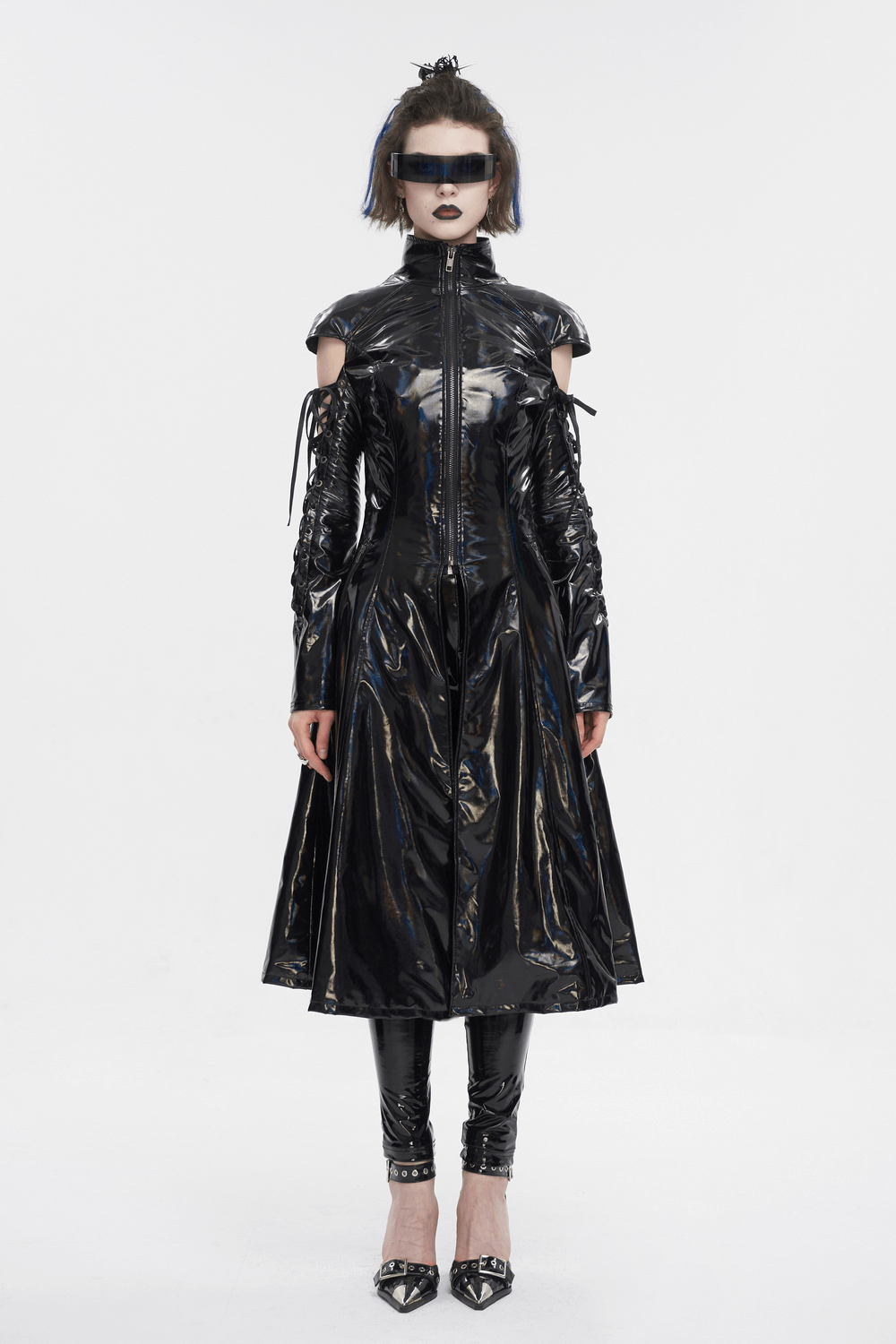 Futuristic women's black patent leather coat with lace-up sleeves and stand collar, exuding cyberpunk style.