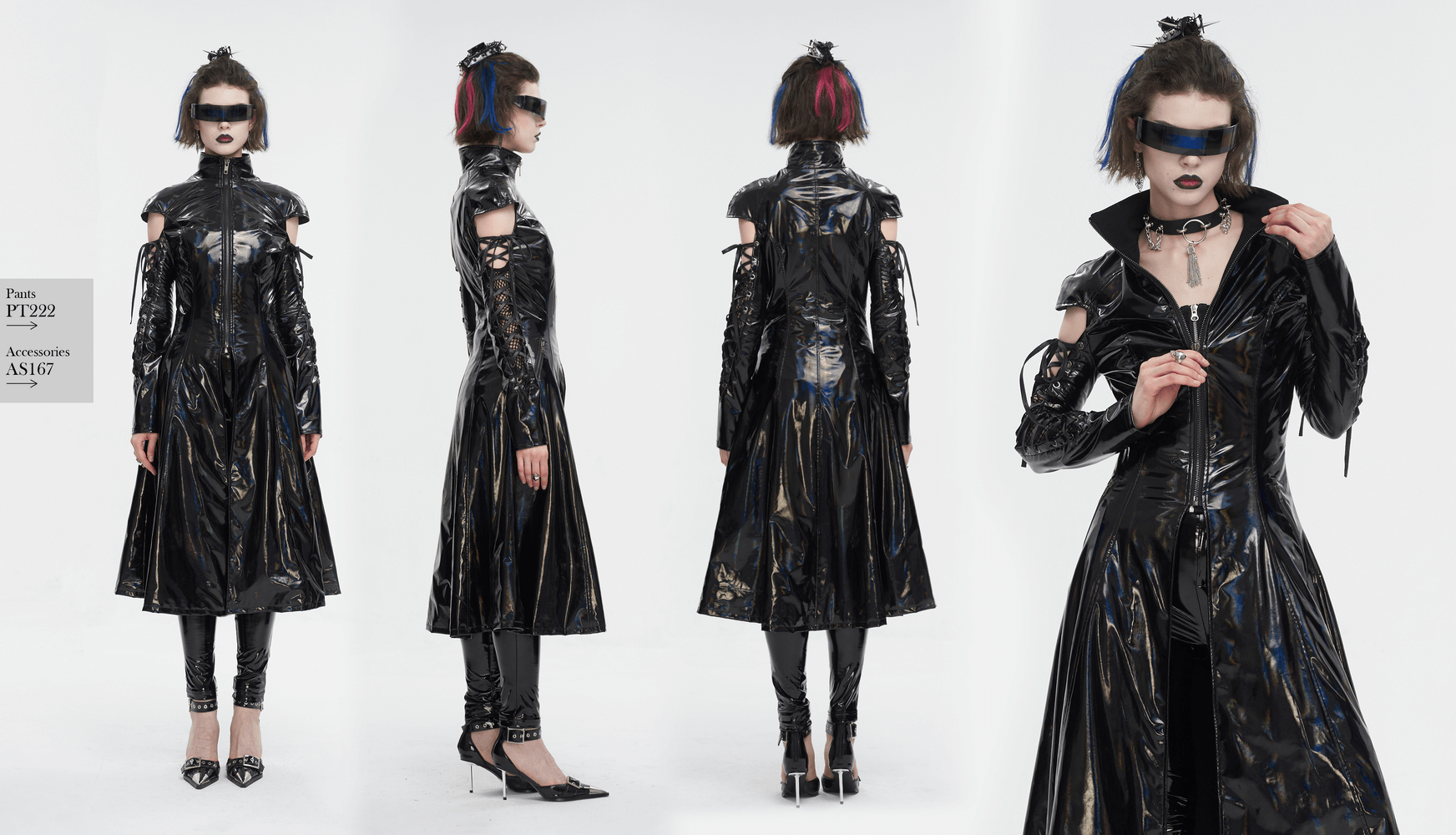 Futuristic women's black patent leather coat with mesh details and lace-up sleeves in a cyberpunk style.