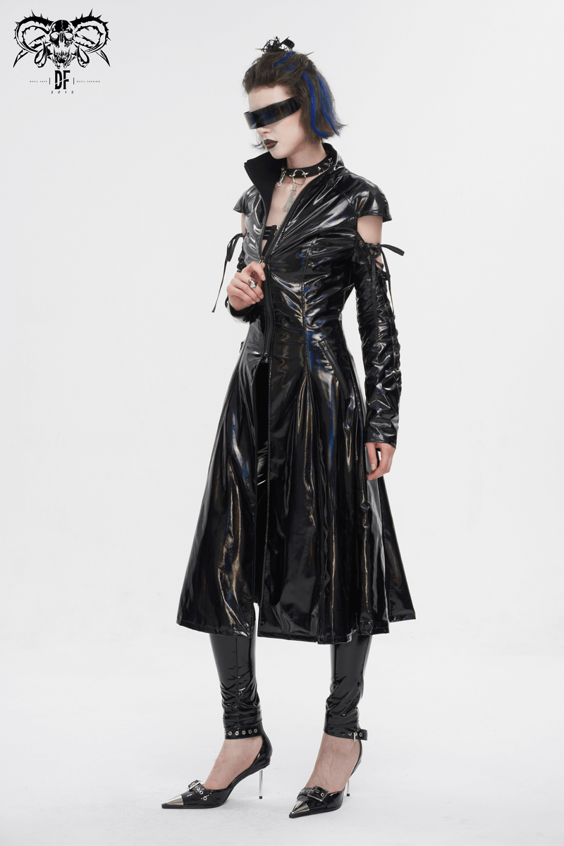 Women's cyberpunk patent leather coat with lace-up sleeves, mesh splice detailing, and gothic elegance.