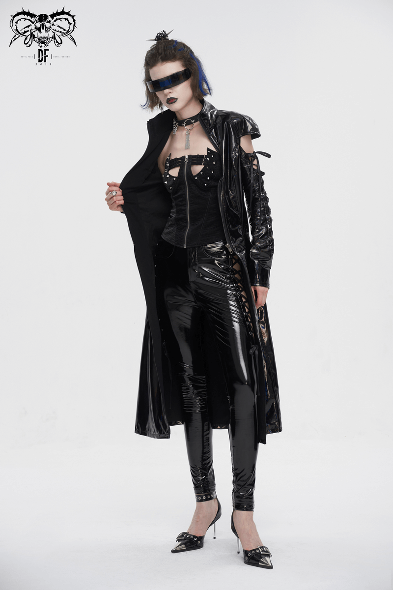 Women's Stand Collar Mesh Splice Patent Leather Coat with Lace-Up Sleeves - HARD'N'HEAVY