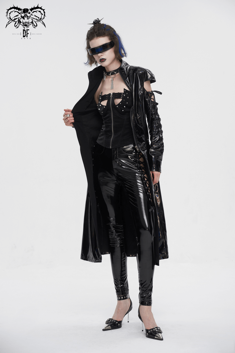 Futuristic Gothic fusion: model in women's patent leather coat with lace-up sleeves, embodying cyberpunk style.