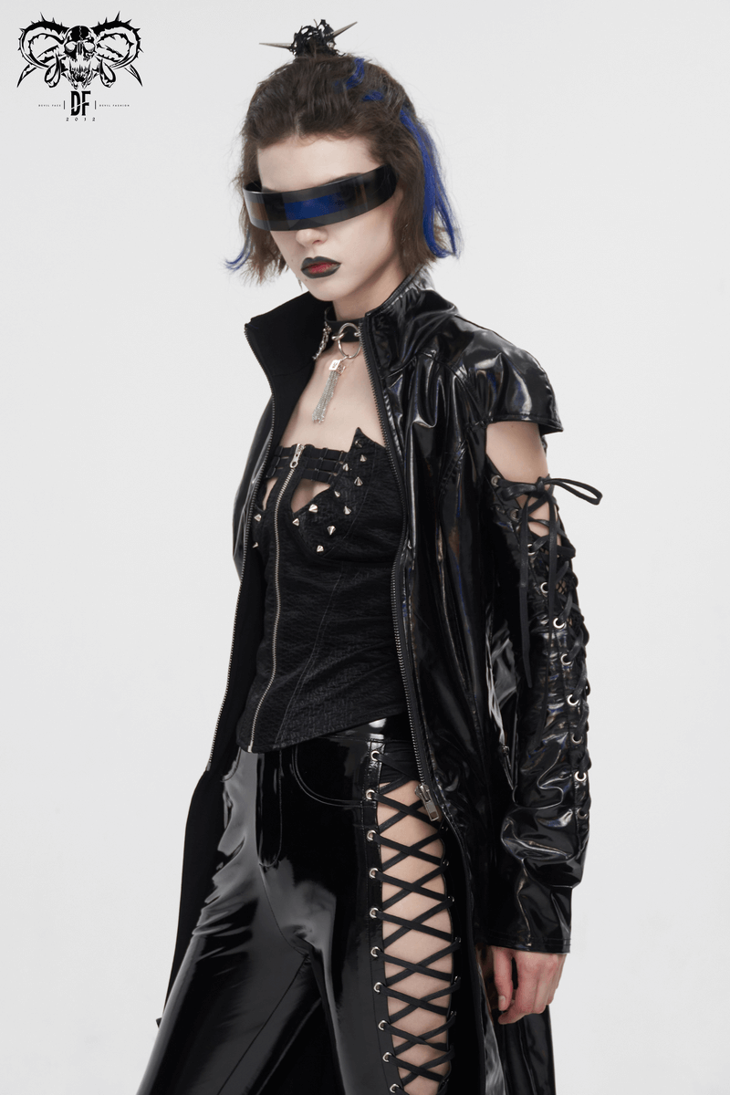 Women in a futuristic Gothic outfit featuring a sleek black patent leather coat and edgy lace-up details.