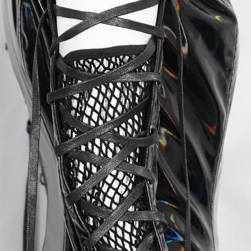 Close-up of lace-up black patent leather boot with mesh detailing, showcasing gothic and cyberpunk design elements.
