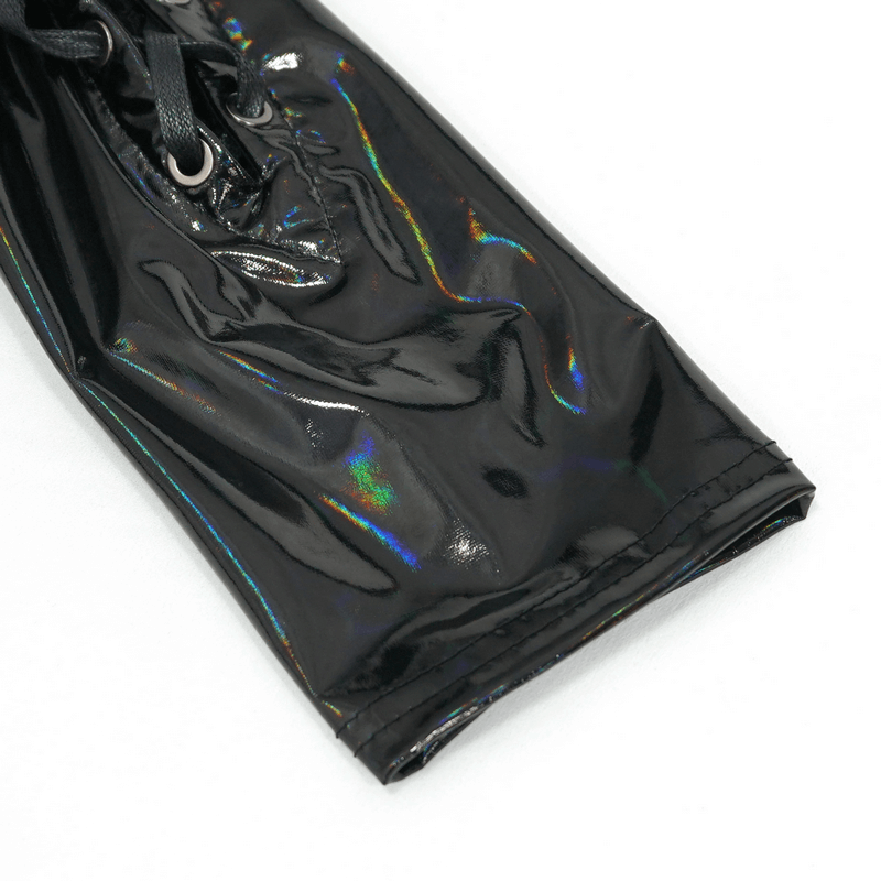 Close-up of the glossy patent leather sleeve with lace-up details, showcasing futuristic gothic style.