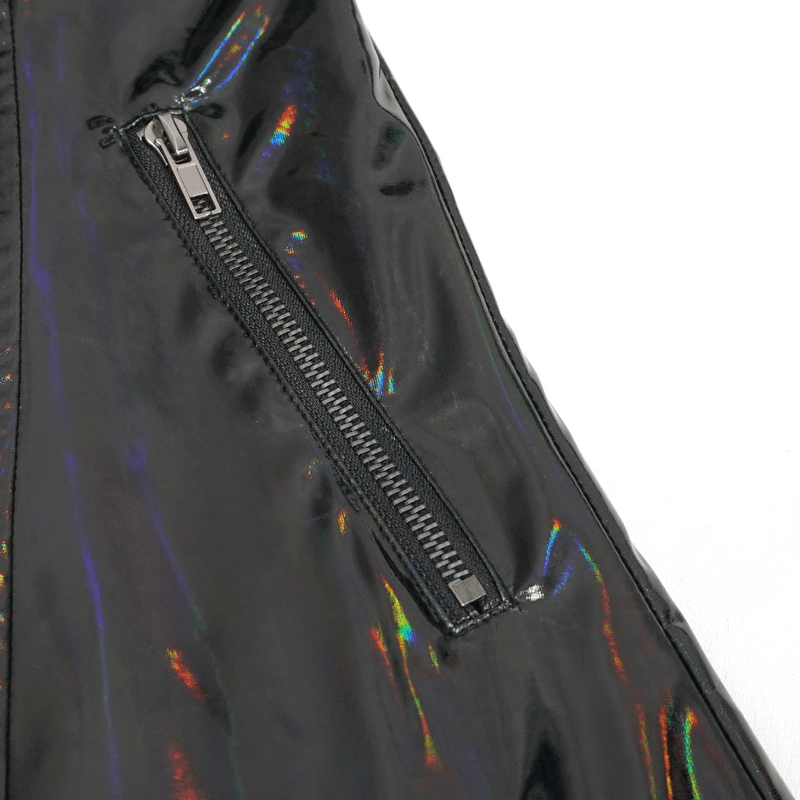 Close-up of a black patent leather coat showcasing a sleek zippered pocket and shiny iridescent finish.