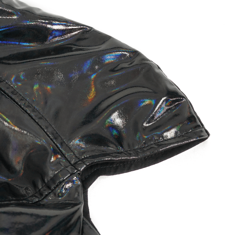 Close-up of glossy black patent leather sleeve showcasing futuristic texture and shine.