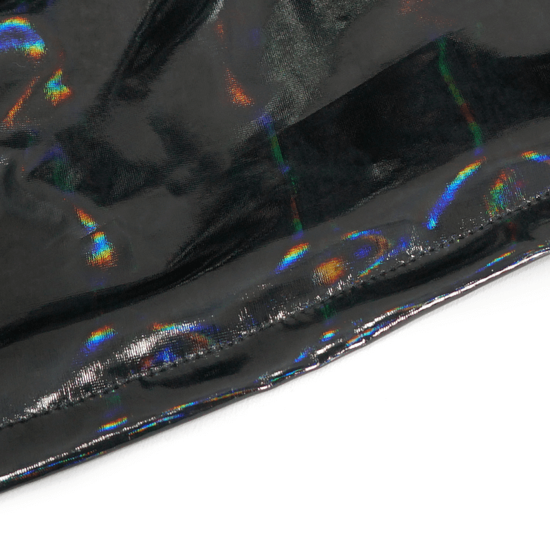 Close-up of glossy black patent leather with vibrant rainbow reflections, perfect for a futuristic gothic coat.