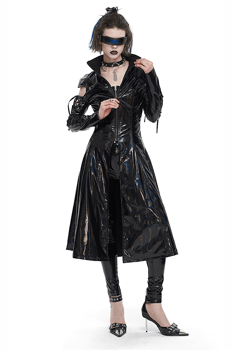 Futuristic women's black patent leather coat with stand collar, lace-up sleeves, and cyberpunk style, perfect for edgy fashion.