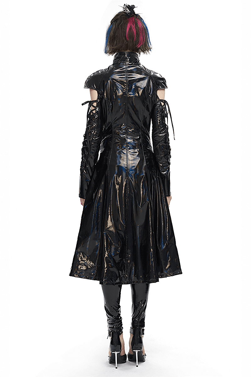 Women's glossy black patent leather coat with lace-up sleeves, showcasing a unique gothic cyberpunk style from the back.
