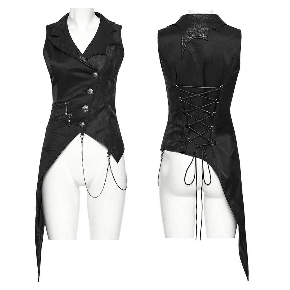Women's Steampunk Asymmetric Waistcoat with chain detail, perfect for a dark gothic look.