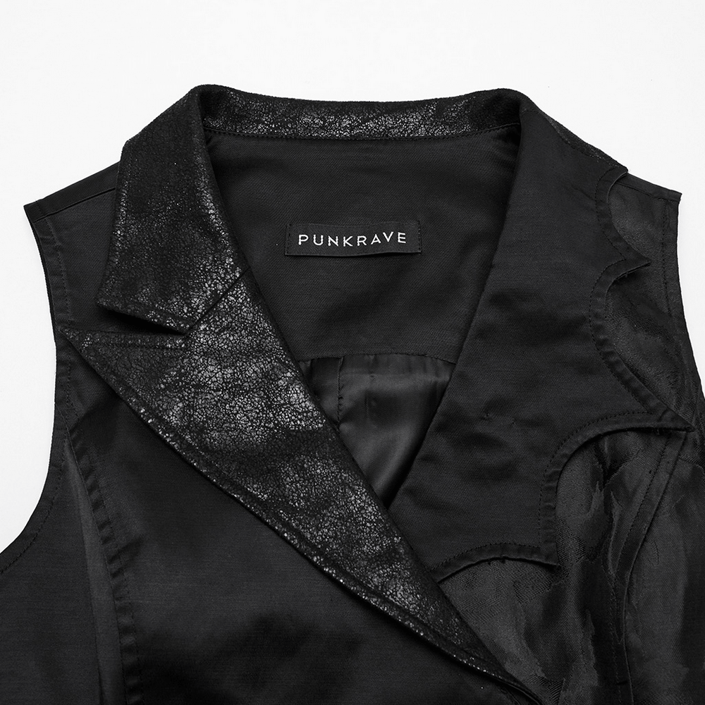 Close-up of Women's Steampunk Asymmetric Waistcoat with chain detail, featuring a sleek black design by PUNKRAVE.