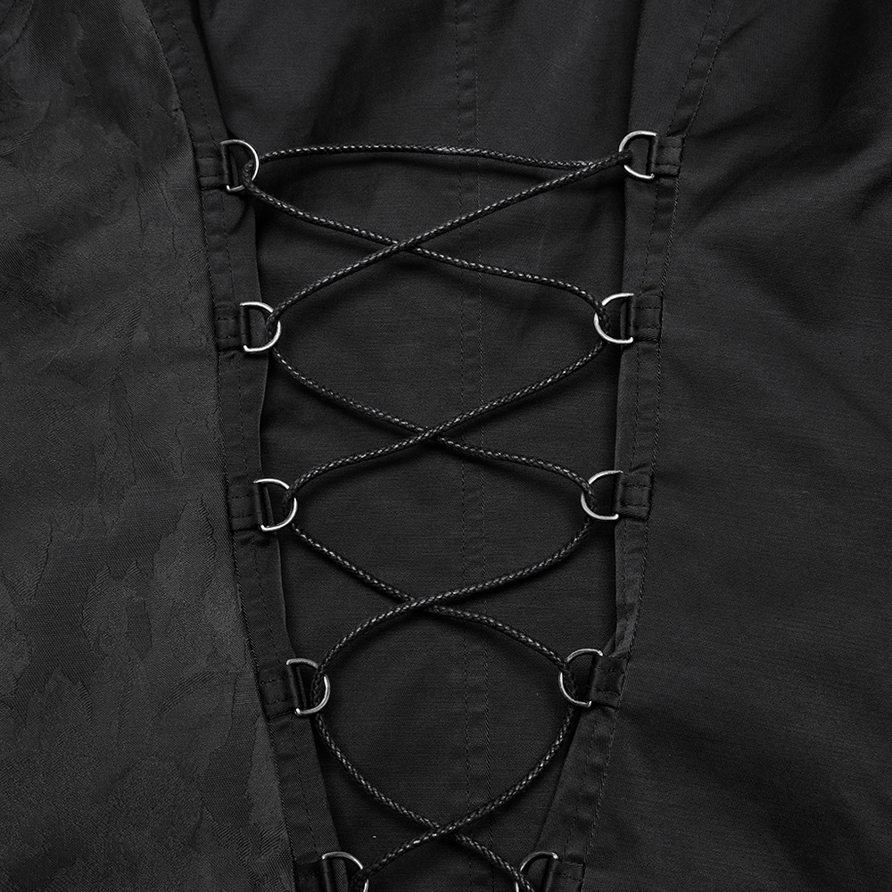 Close-up of black lace-up detail on Women's Gothic Steampunk Asymmetric Waistcoat, showcasing stylish loops and fabric.