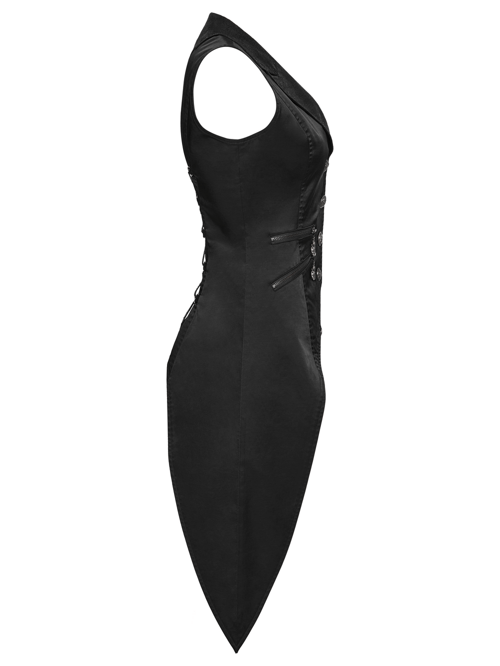 Women's Gothic Steampunk Asymmetric Waistcoat in black with chain detail and carved metal buttons.