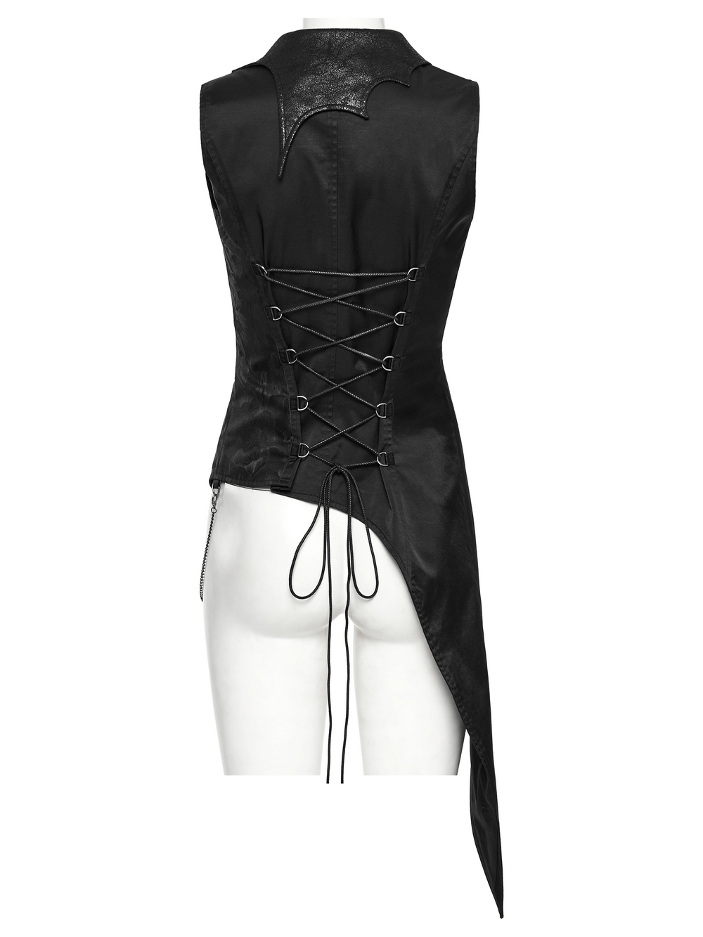 Back view of Women's Steampunk Asymmetric Waistcoat featuring lace-up detail and unique long tail design.